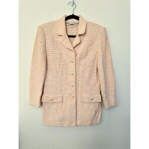 St. John Couture Tweed Blazer Long Jacket Pink Button Front Long Sleeve Women 8